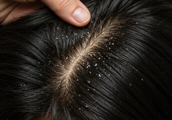 Close-up of black hair with dandruff on the scalp