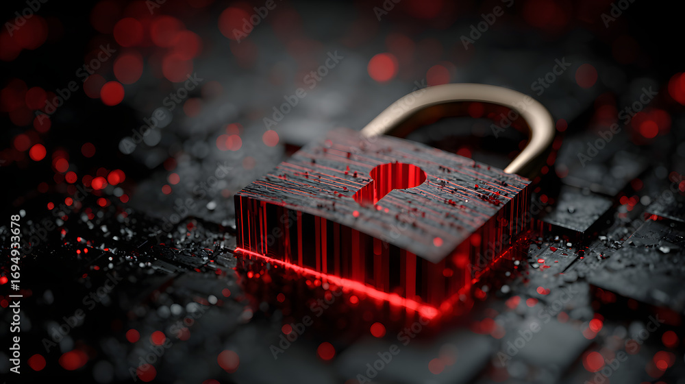 Poster cybersecurity overlay padlock in red for password cocept. generative ai