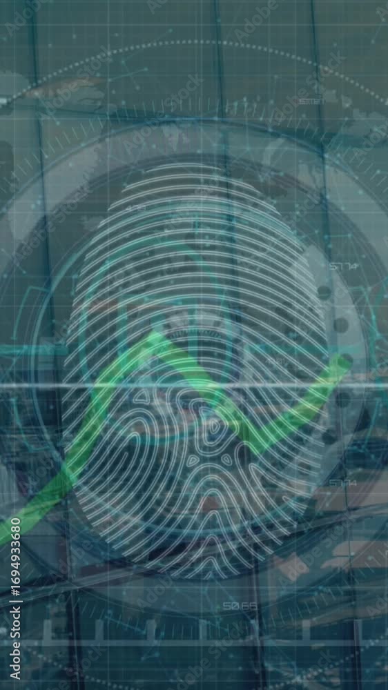 Poster animation of fingerprint scanning in circle, green graph over map against aerial view of city