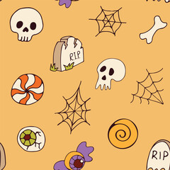 Seamless Halloween pattern with skulls, graves, web and sweets. Traditional Halloween images. Wrapping paper, background, wallpaper, poster. Vector illustration for Halloween holiday
