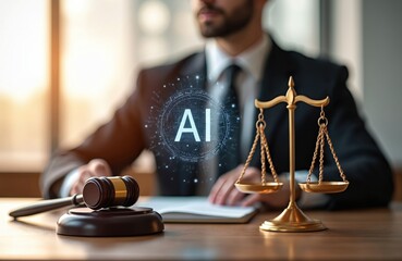 Judge with gavel, scales, digital AI interface. Implies AI role in legal justice, law, future legislation. Represents technological innovation in courtroom decision-making, automation, dispute