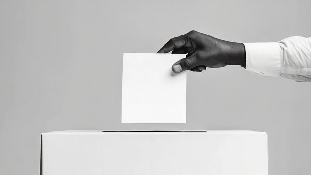 A person casting their vote, inserting ballot into voting box
