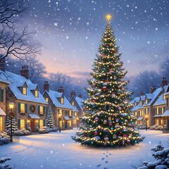 Obraz premium Festive Christmas snowy village at dusk, warmly lit houses, decorated Christmas tree, falling snow, square format, full depth of field, cozy and bright