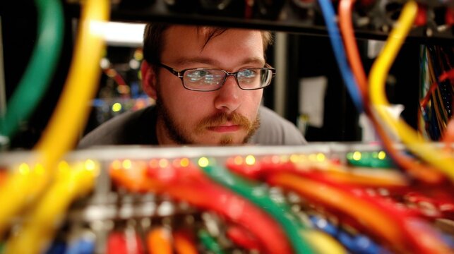 Focused medium shot of an IT professional scanning for vulnerabilities on a laptop screen blurred cables and server room faintly visible in the background.