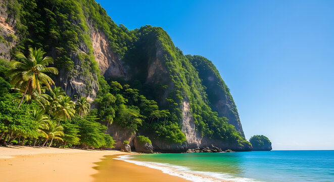 Secluded tropical beach with stunning limestone cliffs and turquoise water