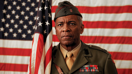 Portrait of an older African American military standing proudly in front of the United States flag.