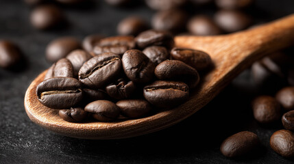 Close-up of roasted coffee beans in a wooden spoon, soft focus on the background beans