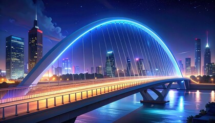 Obraz premium A breathtaking cityscape at night, highlighted by a modern arch bridge illuminated with vibrant blue lights, reflecting on the tranquil water below.