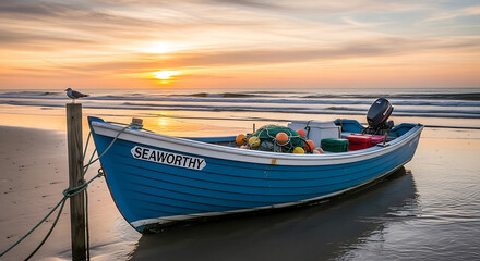 Fototapeta premium Sunrise paints the sky with vibrant colors as a small fishing boat rests on the beach
