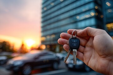 Hand holding car keys at sunset, modern city backdrop