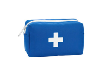 Isolated blue first aid kit with zipper, medical supplies for safety and emergency use