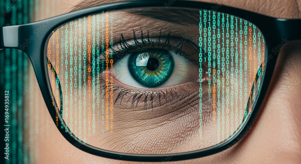 Poster close-up of eye behind glasses reflecting binary code, suggesting digital world, technology, data pr