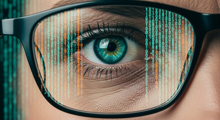 Close-up of eye behind glasses reflecting binary code, suggesting digital world, technology, data processing, or cybersecurity concept
