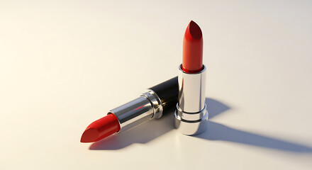 Two classic red lipsticks lie on a white background showcasing their elegant design and rich color