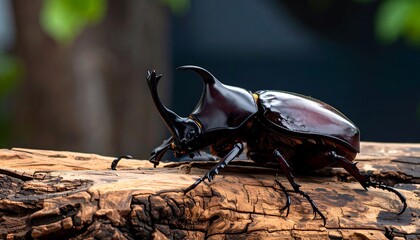 Close-up of a rhinoceros beetle on wood (1)