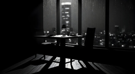 A Dinner Table At Night With City View, Rain, And City Lights In Black And White