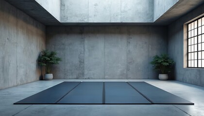 Minimalist dojo interior features concrete walls, tatami mats, industrial design elements. Two potted plants add touch of nature to clean, empty space. Large window provides natural light, creating