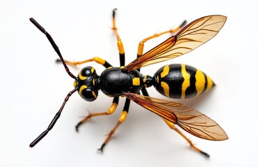 Close-up of black, yellow mud dauber wasp, species sceliphron destillatorium, isolated on white background. Solitary insect, type of hymenoptera, predator focus, detailed anatomy, with visible sting,