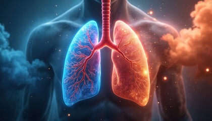 Obraz premium Detailed illustration of human lungs, showing circulation, respiration concept with blood flow visualization. Blue lung represents oxygen intake, red lung represents air exhale. Scientific anatomy