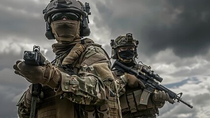 Two military personnel standing and holding firearms, likely in a combat or tactical situation - Powered by Adobe