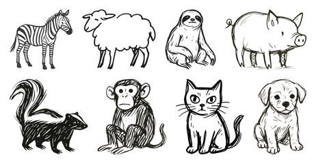 Obraz premium PNG Hand-drawn animal sketch collection, element set on transparent background