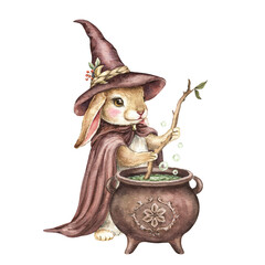 Сute rabbit in wizard costume brewing potion in vintage cauldron. Bunny in witch hat and robe. Wild forest animal. Hand drawn watercolor illustration isolated on white. Kids magic print, Halloween.