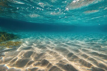 Obraz premium Underwater view of sandy seabed. Sunlight filters through the water