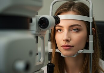 Woman undergoing eye exam with an optometry machine