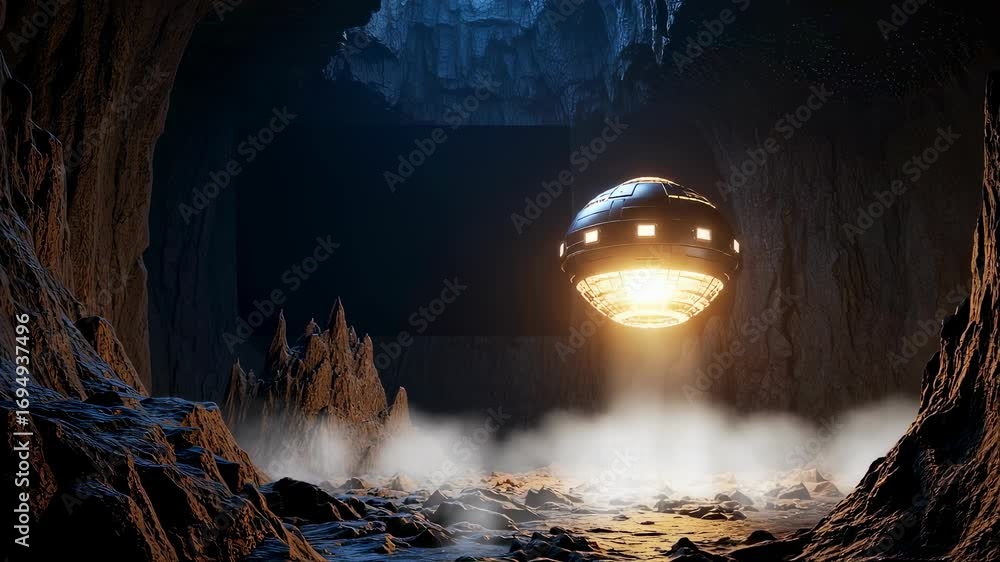 Poster alien saucer spaceship hovering with light beam in rocky cave with mist. ufo mystery and science fic