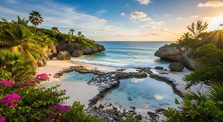 Secluded tropical beach cove at sunset with calm ocean water and palm trees