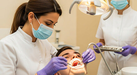A team of dentists provides dental care to a young male patient in a modern dental clinic