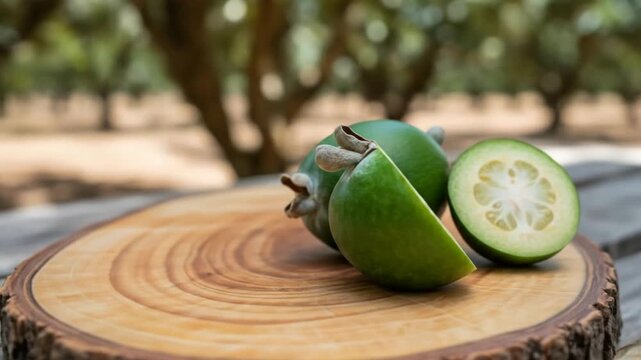 Fresh feijoa fruits, whole and sliced, displayed on a rustic wooden board in an outdoor orchard setting.