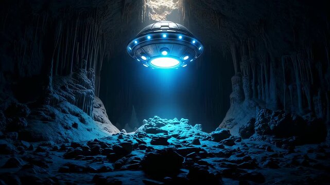 Unidentified flying object with blue light hovers inside an icy, dark cave, alien technology concept footage.