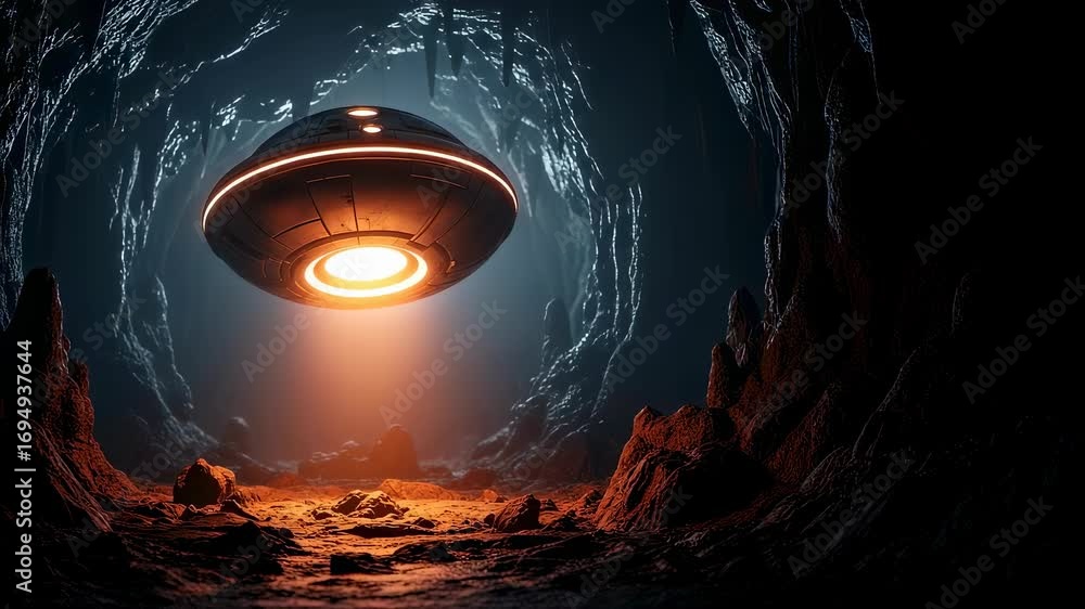Aufkleber alien spacecraft flying inside a dark cave. unidentified flying object with light beam exploring an 
