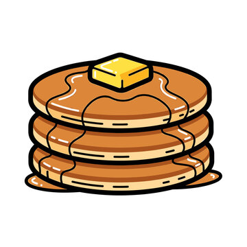 Cartoon illustration of a stack of pancakes with butter and syrup.