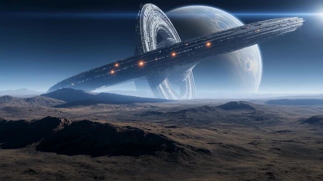 Massive alien space station orbiting alien planet above desolate otherworldly landscape, futuristic sci-fi concept animation.
