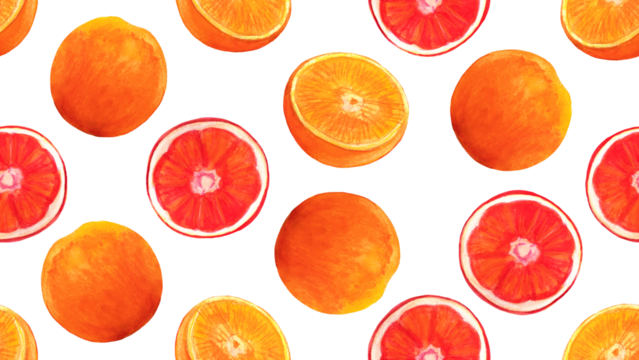 Seamless pattern with red orange fruits, citrus whole and slices, background. Hand drawn watercolor illustration for tropical wallpaper