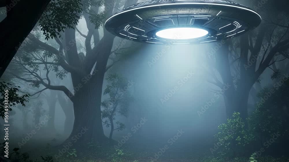 Poster ufo hovering with bright light beam in misty forest with large trees, alien spaceship arrival scene,