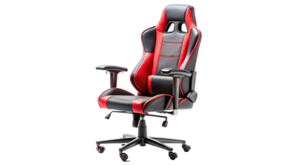 Ergonomic gaming chair isolated on transparent background, designed for comfort and support during long gaming sessions, featuring adjustable armrests and lumbar support