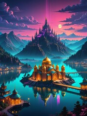 paisaje de ciudad de fantasia con cupulas, monta&ntilde;as y lago, rosa neon y oros