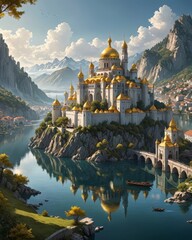 paisaje de ciudad de fantasia con cupulas, monta&ntilde;as y lago, palacio blanco