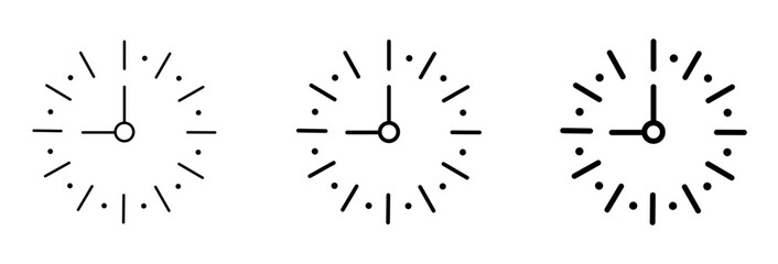 analog clock icons showing 12:45 time in thin, medium, and bold line styles, isolated on transparent background, minimalist vector illustration
