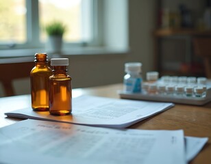 Amber medicine bottles and paperwork sit on a wooden table. Small vials in a tray suggest treatment and research. Documents and containers relate to health, pharmacy, and medical care.