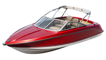Sleek red speedboat isolated on transparent background, a symbol of summer fun and water sports, perfect for cruising and enjoying the open water