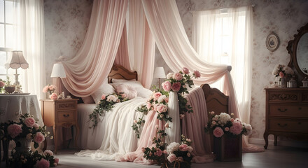 A Romantic Bedroom Adorned With Flowers, Drapes, and Vintage Aesthetic