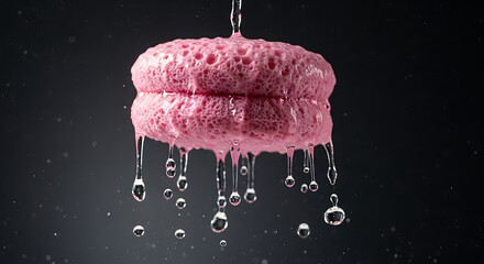 Close-up of a pink wet porous cellulose sponge dripping with water against a black background