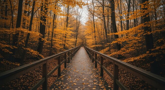 Wooden boardwalk path through a vibrant autumn forest with golden and orange leaves on trees and fallen on the ground