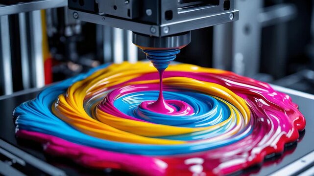 3D printer extruding vibrant liquid plastic in swirling multicolored pattern with glossy texture showcasing modern additive manufacturing process