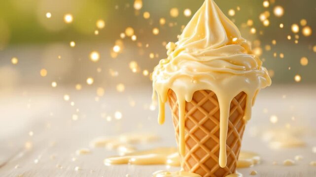 Delicious yellow soft serve ice cream melting and dripping in a waffle cone on a wooden table with a bokeh background