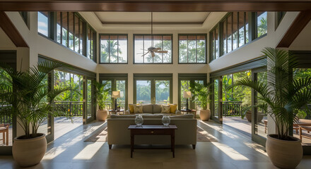 A Spacious Living Area with Large Windows and Lush Tropical Exterior View